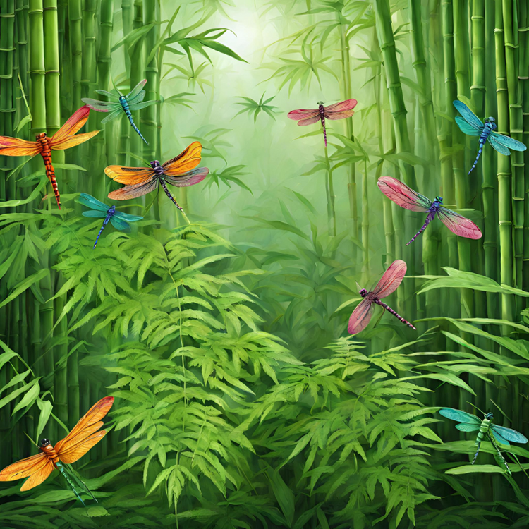 Lush green ferns and bamboo with colorful dragonflies flitting here and there