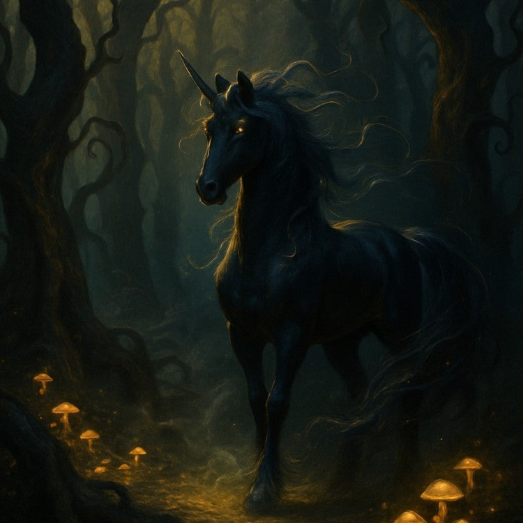 A mysterious forest of trees with curling branches surrounds a black uniorn