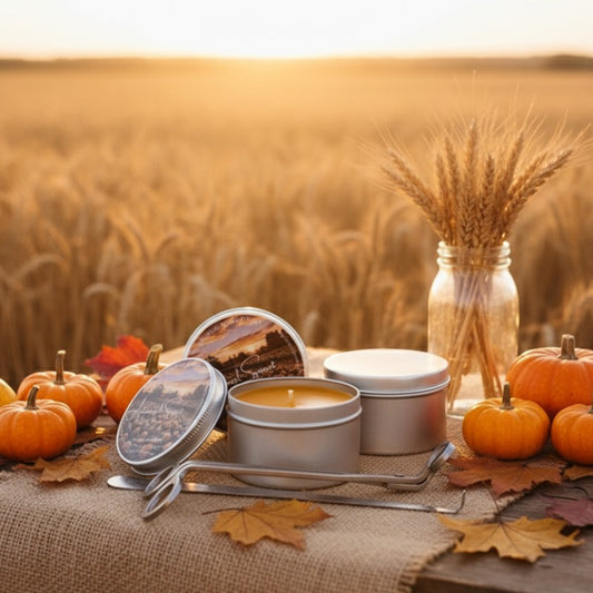 Candles and decorative items on a table with a wheat field background