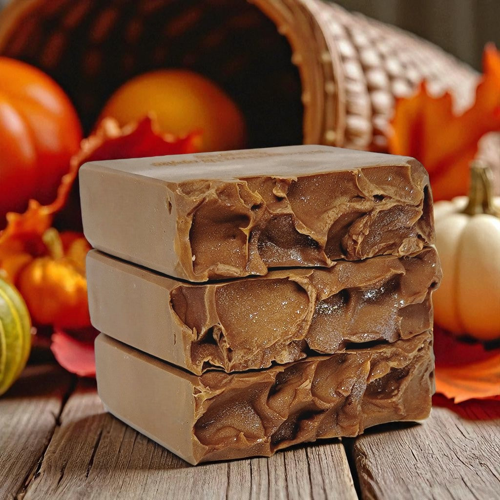 Stack of brown soap bars with pumpkins and a cornucopia in the background