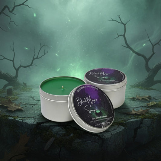 Two candles in tins sit on a rock altar in an eerie scene