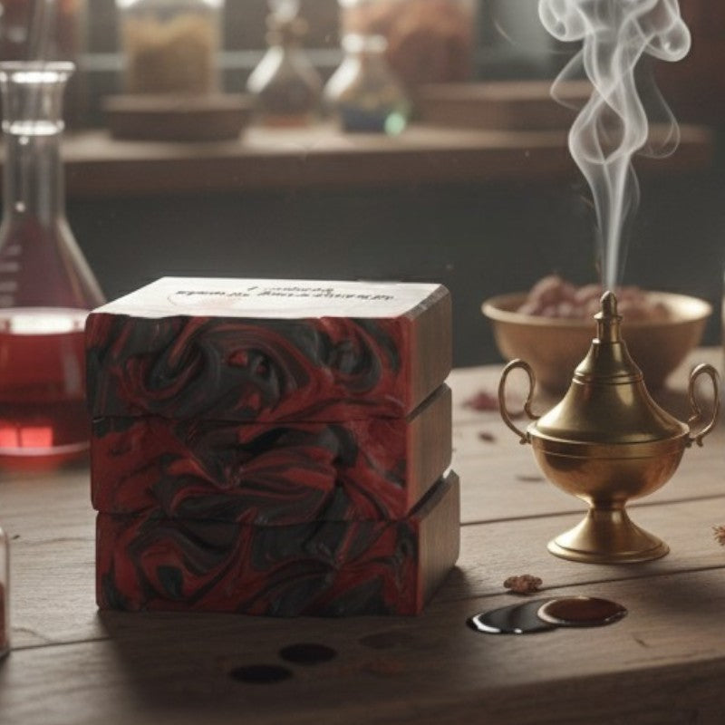 Red and black soap bars on a wooden surface, next to a gold incense burner with smoke