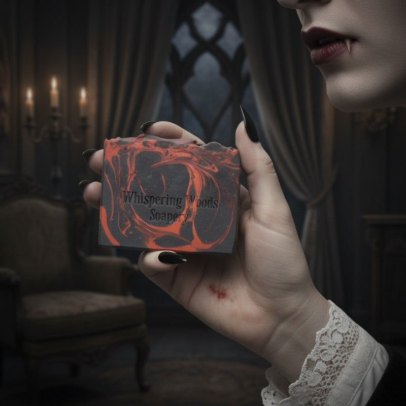 Vampire holding a soap with 'Whispering Woods Soapery' branding in a dimly lit room