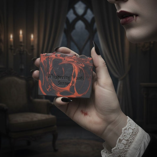 Vampire holding a soap with 'Whispering Woods Soapery' branding in a dimly lit room