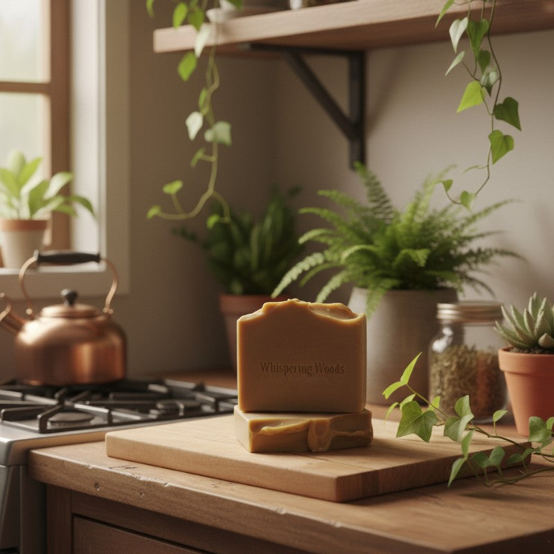 Bars of soap on a wooden cutting board with plants in the background
