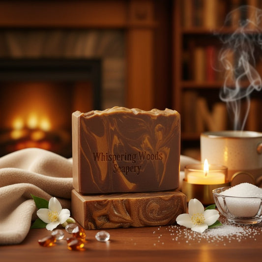 Bar of soap with 'Whispering Woods Soapery' branding on a wooden table, surrounded by decorative items in a warm setting