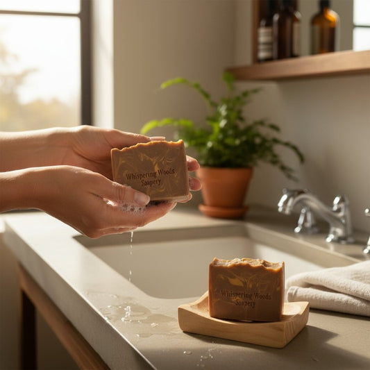 Person holding a bar of soap with 'Whispering Woods' branding over a sink