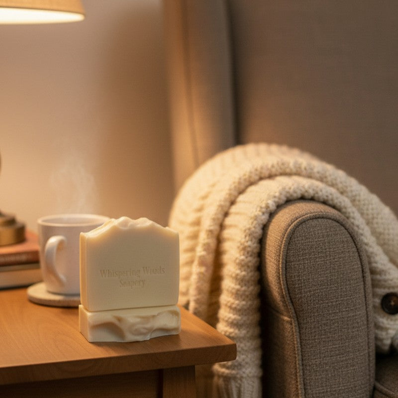 Cream-colored soap on a stand with a cup of coffee and cardigan thrown over a chair
