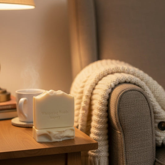 Cream-colored soap on a stand with a cup of coffee and cardigan thrown over a chair