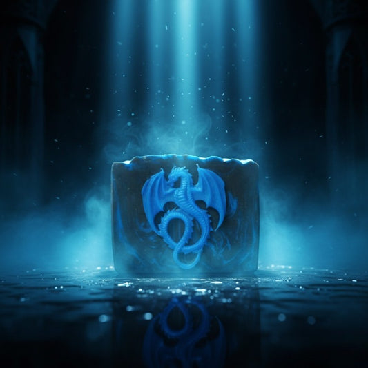 A black soap with blue swirls with a blue dragon on the front