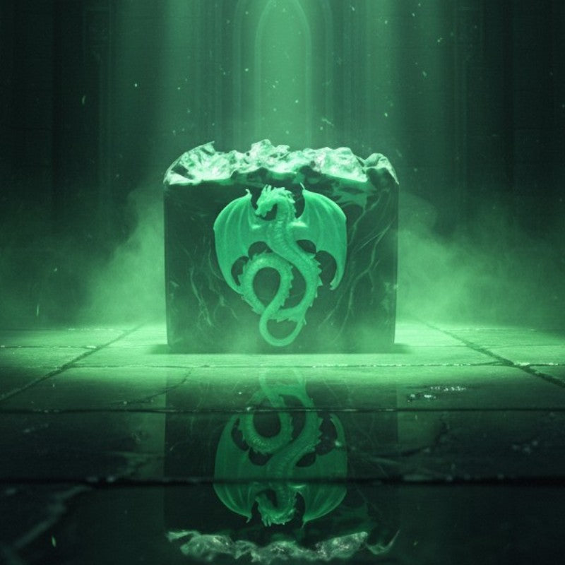 A black soap with green swirls with a green dragon on the front