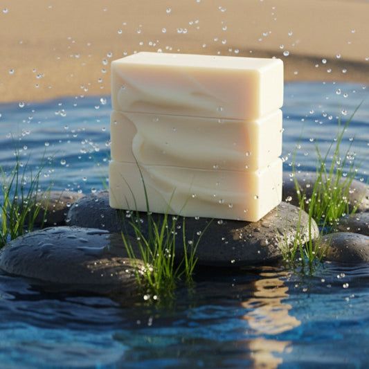 Bars of soap stacked on a rock with water and grass in the background