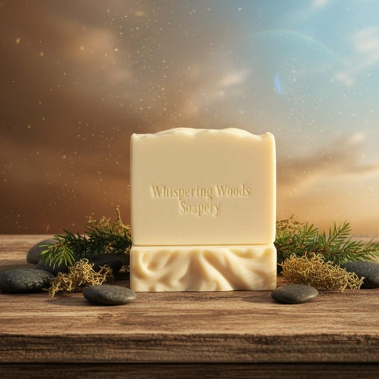 Two cream bars of soap with the 'Whispering Woods Soapery' branding on a wood surface