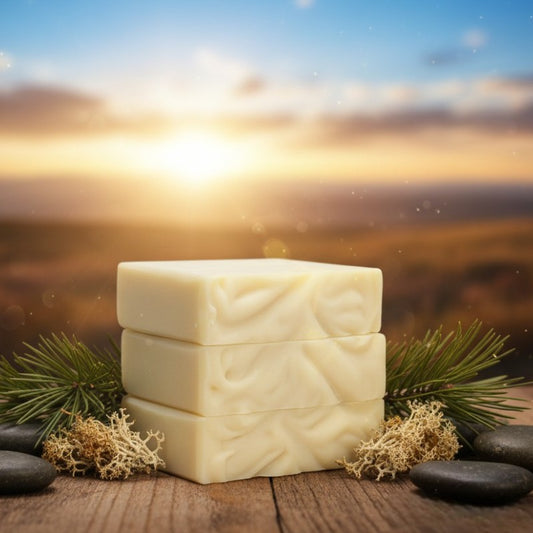 Three bars of cream colored soap stacked on a wooden surface with a scenic background