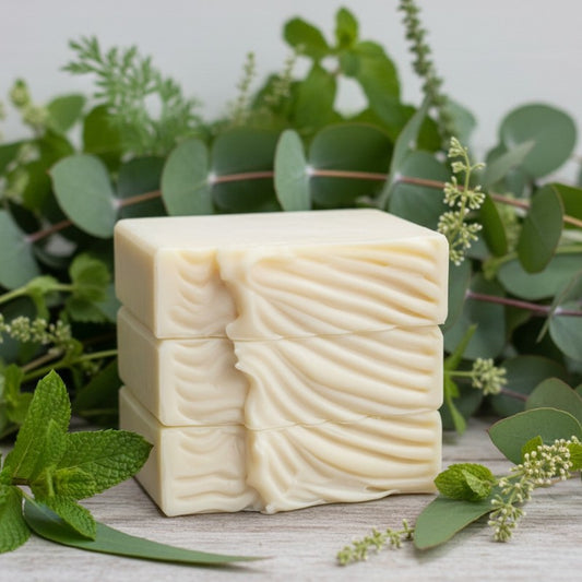 Three cream bars of soap with sprigs of eucalyptus and fresh mint