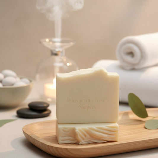 Two cream colored bars of soap in a spa setting with towels and hot rocks