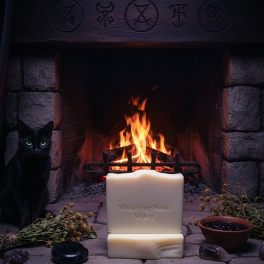 Black cat sitting by a fireplace with a soap bar labeled 'Whispering Woods Soapery'