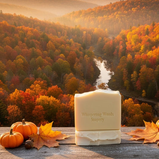 Two tan bars of soap on a wood surface overlooking the autumn hills and hollers of tennessee