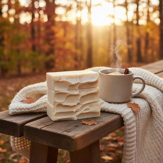 Three tans bars of soap stacked on a wood bench with an autumnal background