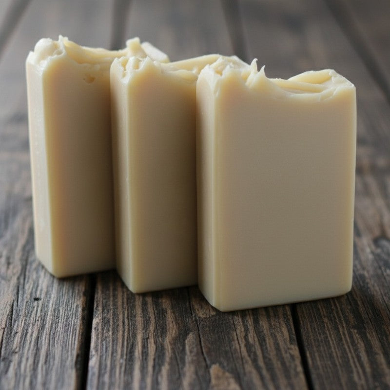 Three bars of cream colored soap on a wooden surface