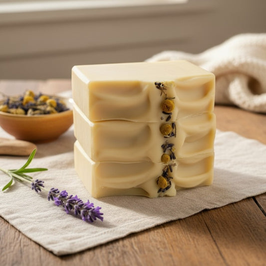 Stack of handmade soap bars with natural elements of chamomile and lavender on a wooden surface