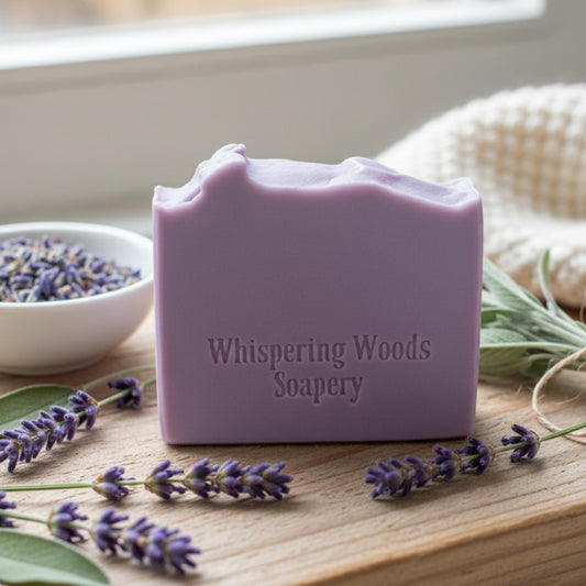 A bar of light purple soap with 'Whispering Woods Soapery' branding on a bench with lavender and sage