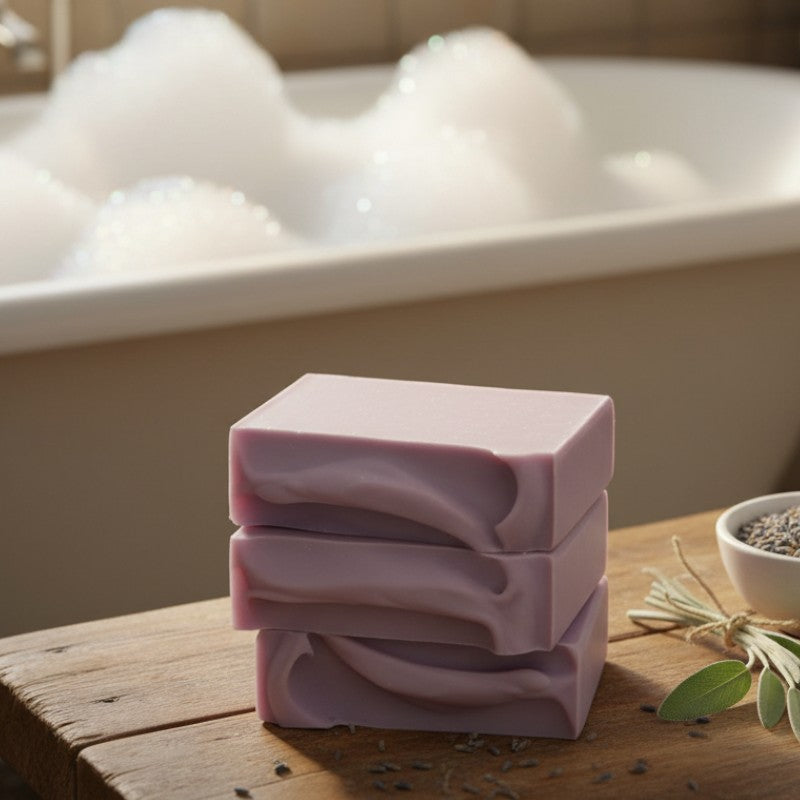 Stack of light purple soap bars on a wooden surface with a bathtub full of bubbles in the background