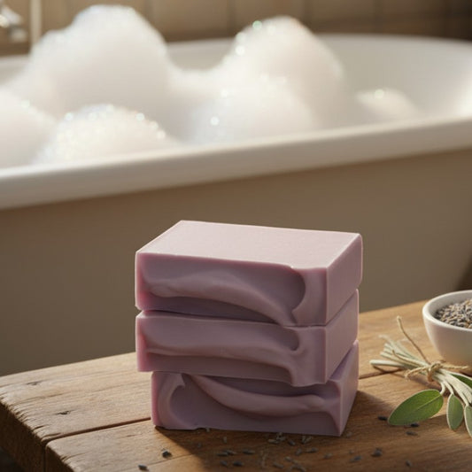 Stack of light purple soap bars on a wooden surface with a bathtub full of bubbles in the background