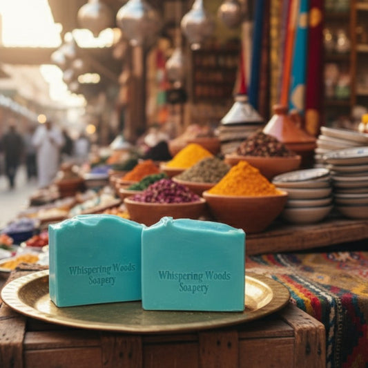 Two bars of 'Whispering Woods Soapery' soap on a tray with a market background