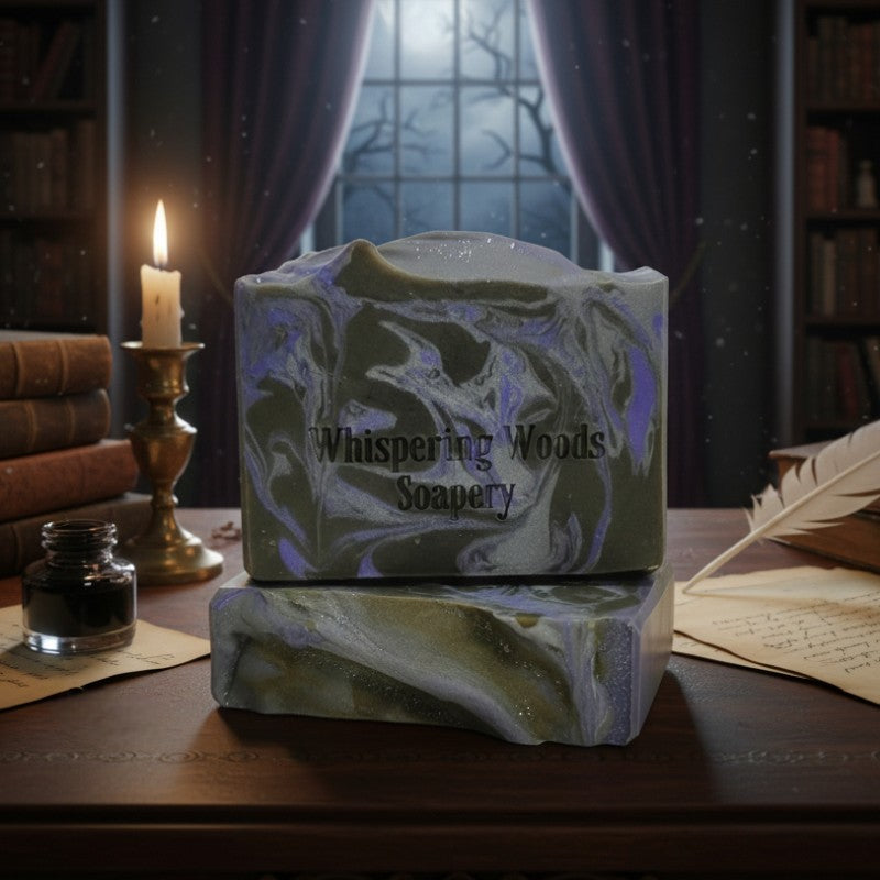 Bars of soap with 'Whispering Woods Soapery' branding on a wooden surface with a candle and books in the background