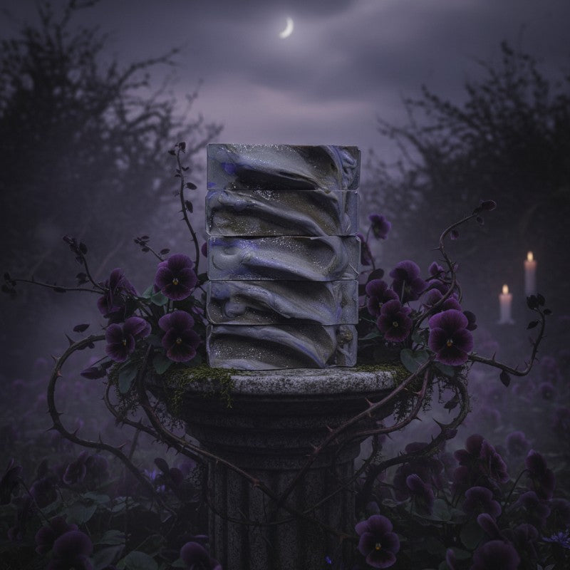 Stack of purple, silver and black soap bars on a stone pedestal with purple violets and a candle in a dark, mystical setting