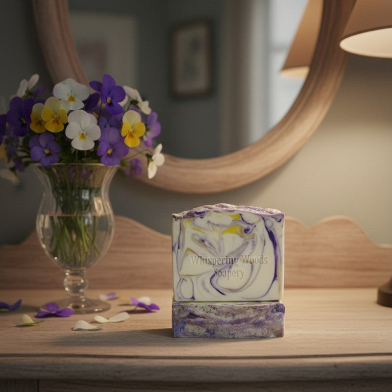 White soap with purple and yellow swirls on a wooden surface next to a vase of violets and a mirror