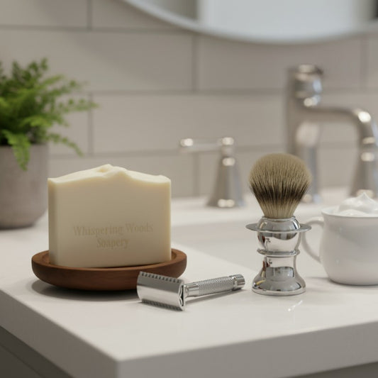 Bar of soap on a wooden dish with a shaving brush and razor on a bathroom counter