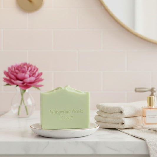 Green soap bar on a white plate with a pink flower and folded towels in the background