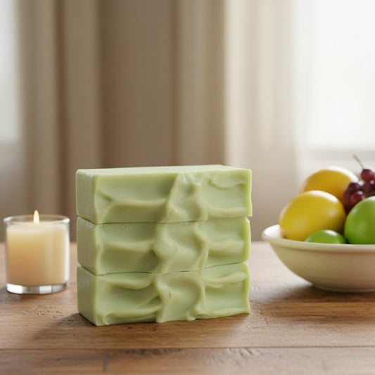 Three green soap bars stacked on a wooden surface with a candle and fruit bowl in the background