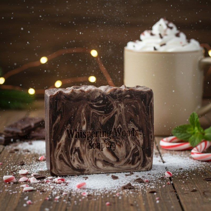 Bar of soap with 'Whispering Woods Soapery' branding on a wooden surface with hot chocolate and candy canes