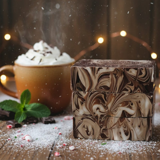 Marbled chocolate colored soap stack with a steaming mug of hot chocolate and whipped cream on a wooden surface