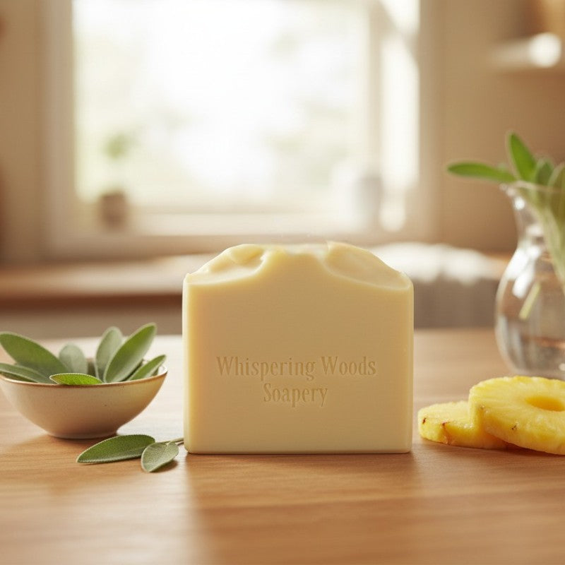 A bar of pale yellow soap with 'Whispering Woods Soapery' branding on a table with a bowl of sage and some pineapple slices beside it