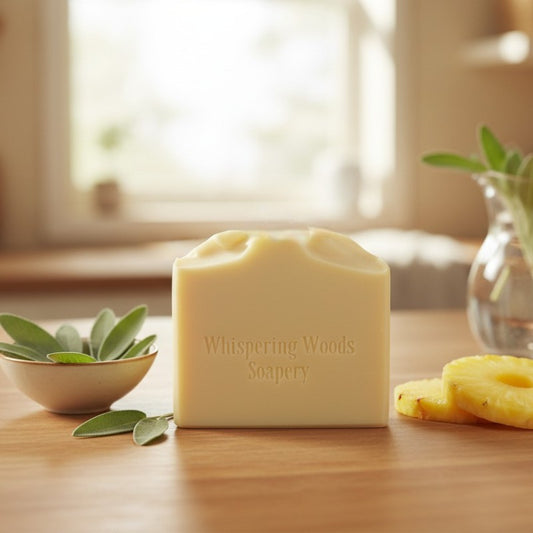 A bar of pale yellow soap with 'Whispering Woods Soapery' branding on a table with a bowl of sage and some pineapple slices beside it