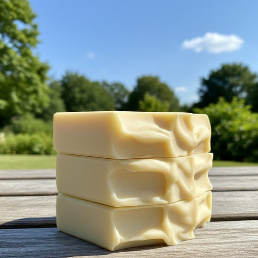 Three bars of pale yellow soap stacked on a wood surface in a natural sunlit setting