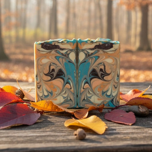 Marbled soaps in colors of teal, orange, champagne and brown on a wooden surface with autumn leaves and background