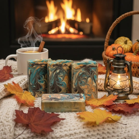 Four soap bars with autumn leaves, a mug of hot chocolate, and pumpkins by a fireplace