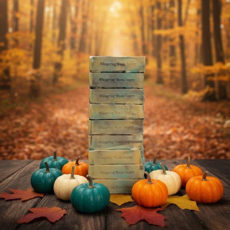 Stack of soap bars with 'Whispering Woods Soapery' stamped on the side, with colorful pumpkins and leaves on a wooden surface, forest background