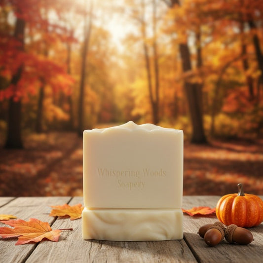 Two cream colored bars of soap on a wood surface with a fall forest background