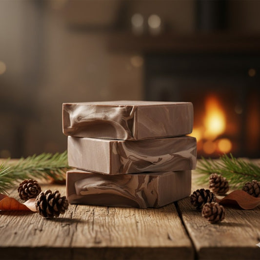 Stack of soap bars on a wood table with a warm glow in the background