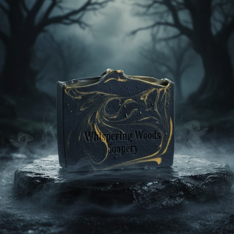 Bar of black soap with gold swirls, with 'Whispering Woods' branding, in a dark forest setting