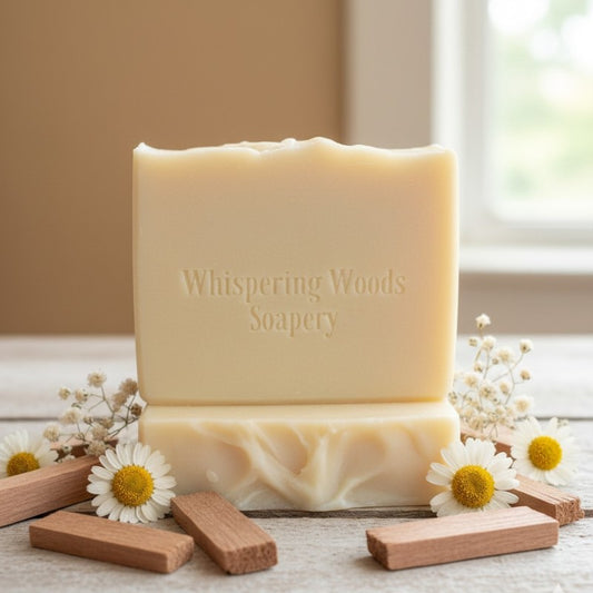 Two bars of cream-colored soap with 'Whispering Woods Soapery' branding on a wood surface with dried botanicals