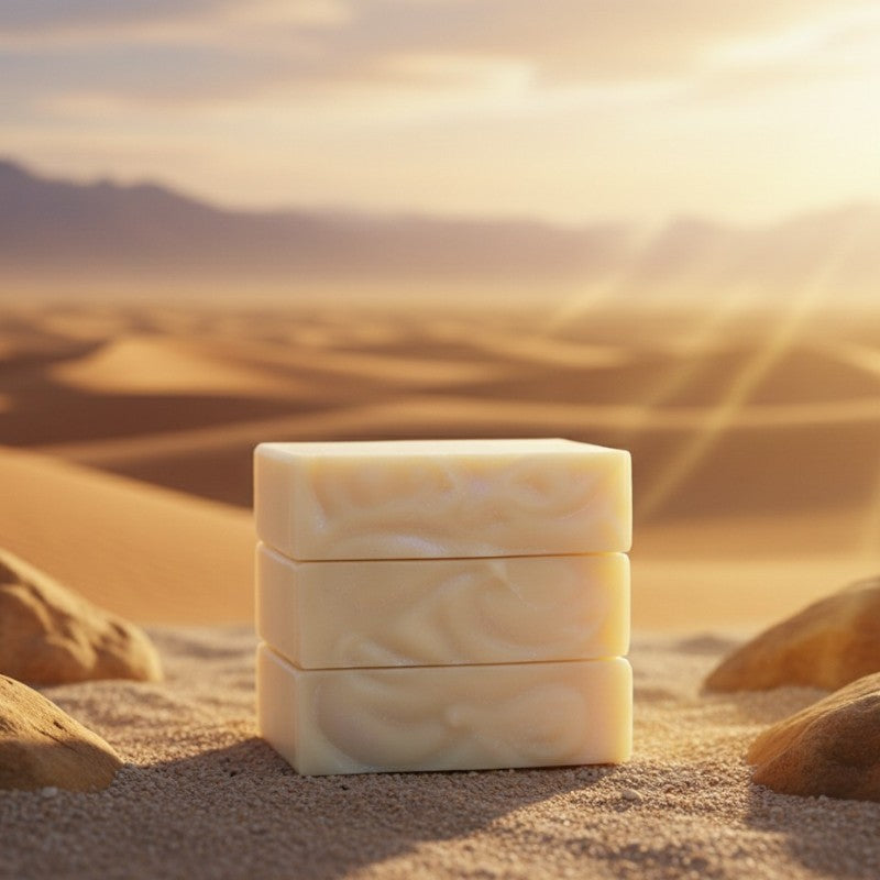 Three bars of cream-colored stacked soap in a desert setting