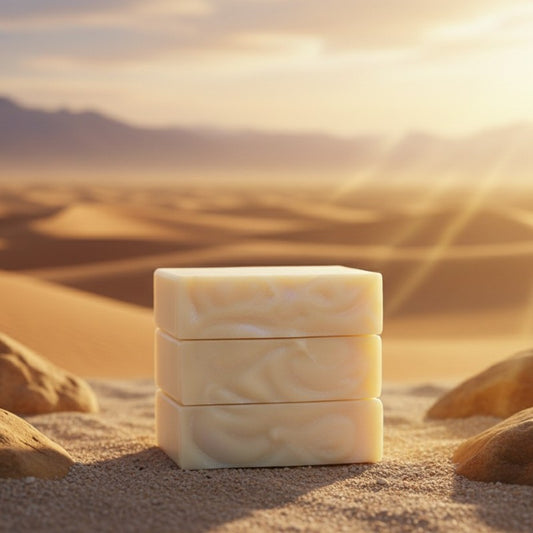 Three bars of cream-colored stacked soap in a desert setting