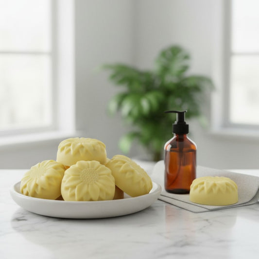 Yellow sunflower soap bars on a white plate with an amber glass bottle on a marble surface